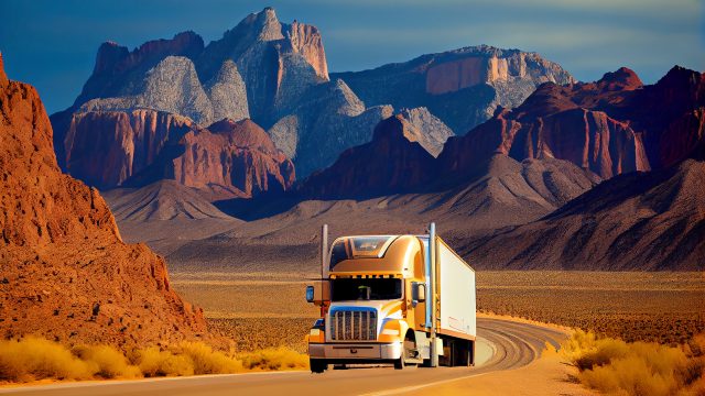 truck with white trailer drives down road with mountains background